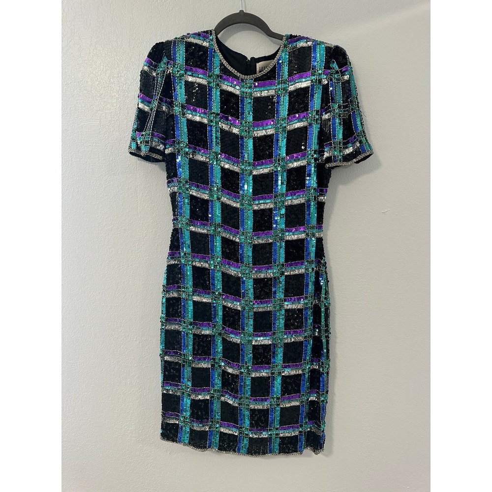 Leslie Evenings Sequin Plaid Shift Dress Short Sleeve Cocktail Party Women SZ 8‎